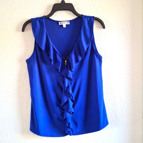Blue Vneck Ruffle Zip Sleeveless Top Small 🔷️ - Picture 2 of 5